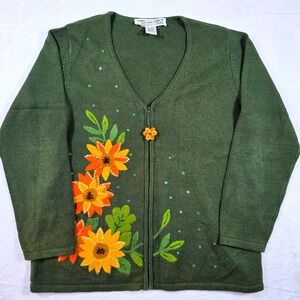 Vintage Tiara Womens Green Floral Beaded Sequined Zipper Cardigan Sweater Size L